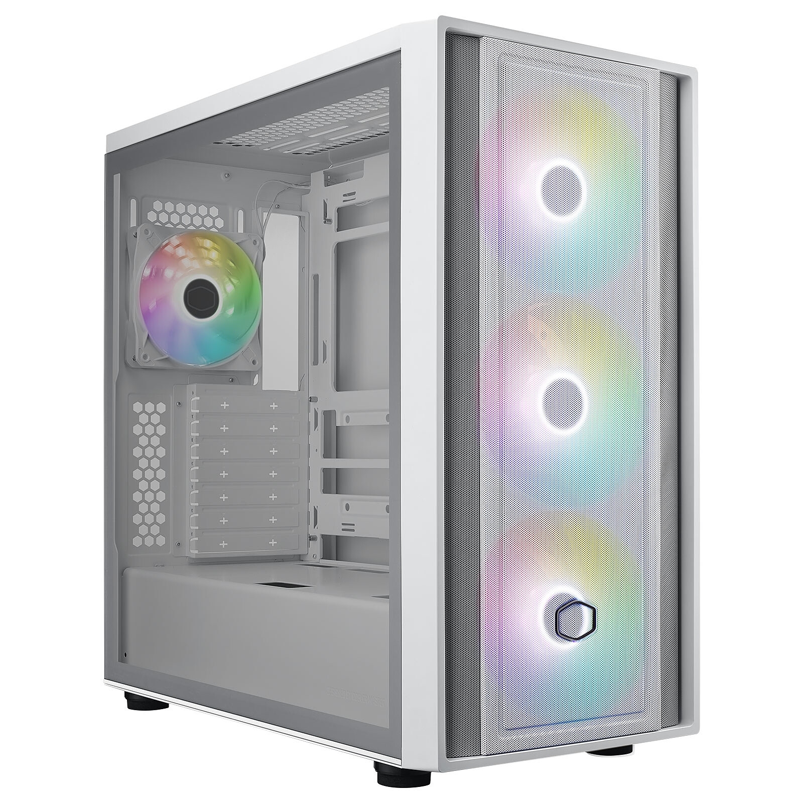 COOLER MASTER MASTERBOX 600 White, format ATX, 3 x ventilateurs RGB en façade et 1 x ventilateur RGB à l'arrière.