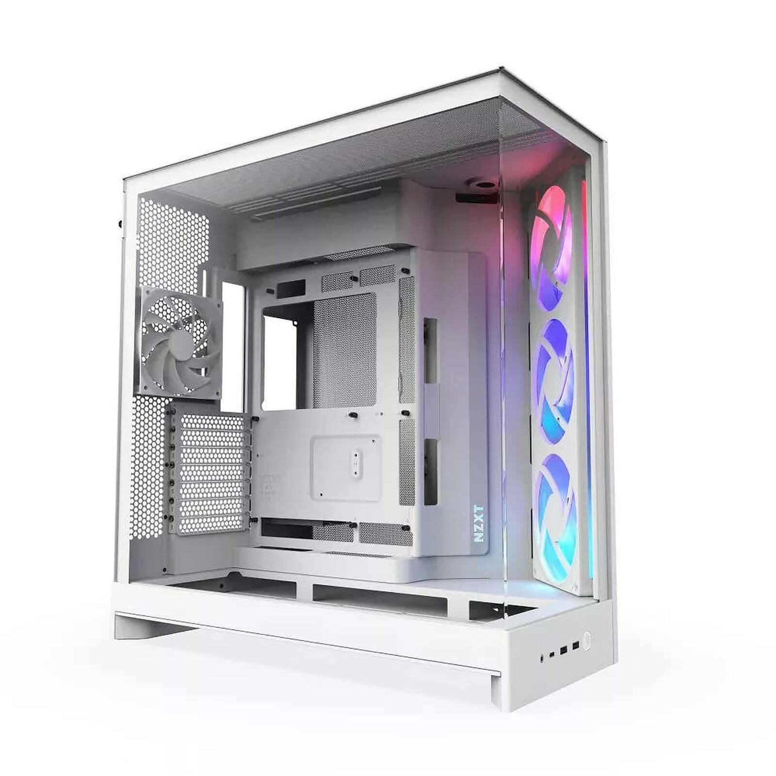NZXT H9 Flow RGB - All White - format EATX, blanc, fourni avec 3 ventilateurs RGB et un standard.