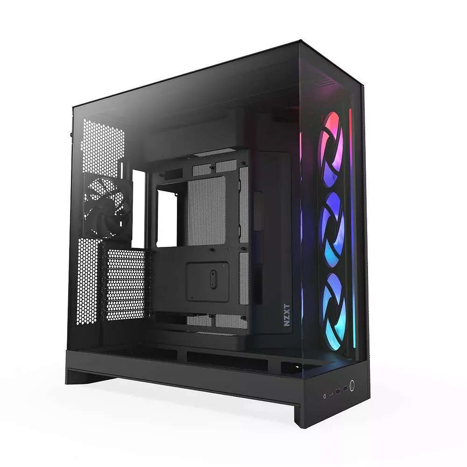 NZXT H9 Flow RGB (CM-H92FB-R1) Dual-Chamber Mid-Tower Case w/ RGB Fans - All Black, Format ATX, 3 x ventilateurs RGB en façade, 1 x ventilateur standard à l'arrière.