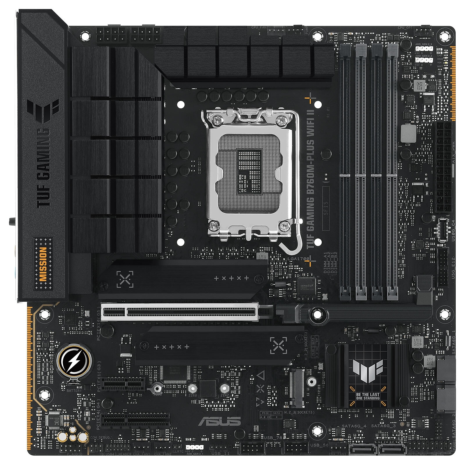 ASUS TUF GAMING B760M-PLUS WIFI II, Format Micro-ATX, Socket LGA 1700, 4 x DDR5, 3 x M2nvme, 4 x SATA, USB-C, Wifi 6E, Bluetooth 5.3.