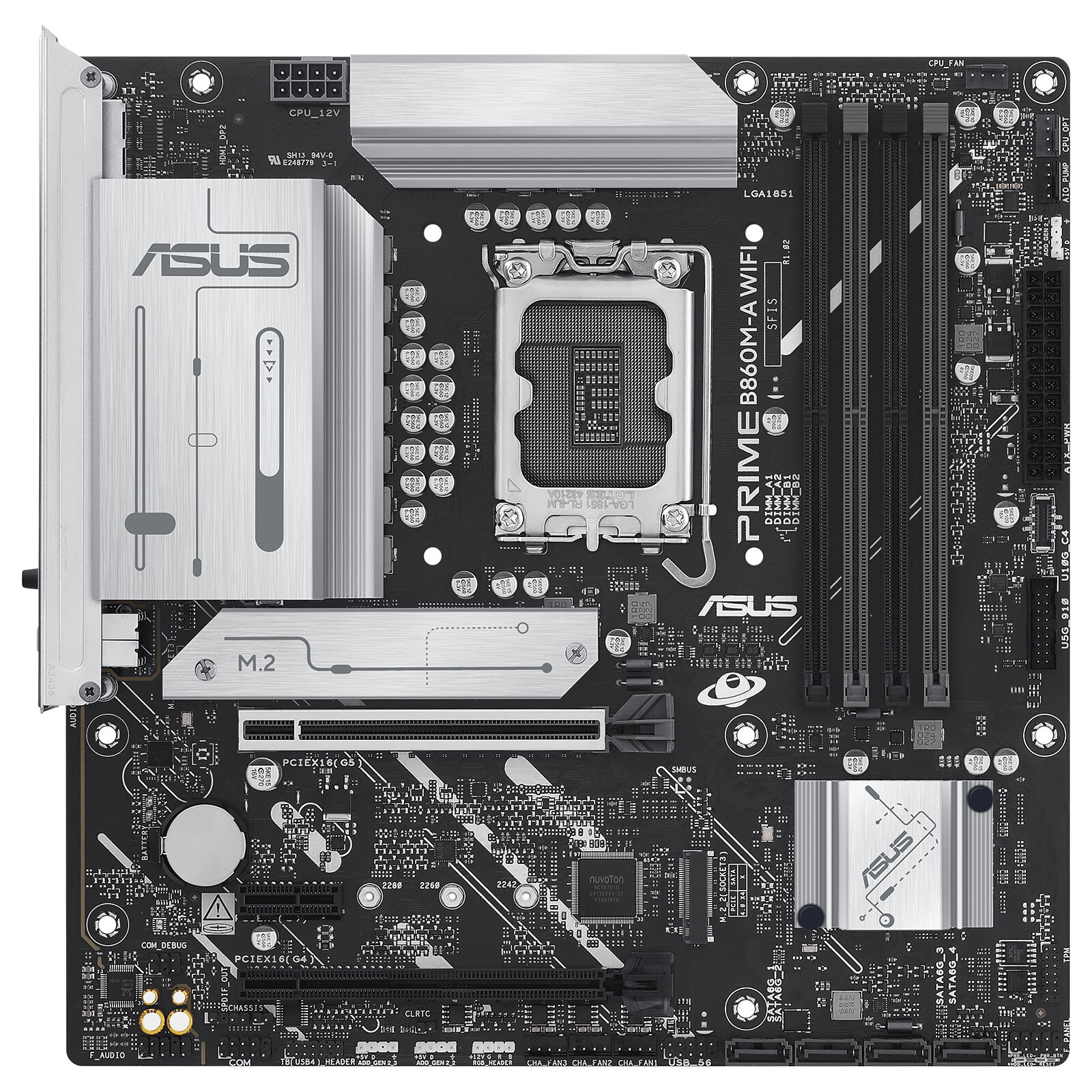 ASUS PRIME B860M-A WIFI, format Micro-ATX, Socket LGA 1851, 4 x DDR5, 2 x M.2 Nvme, Wifi 6E / Bluetooth 5.3.