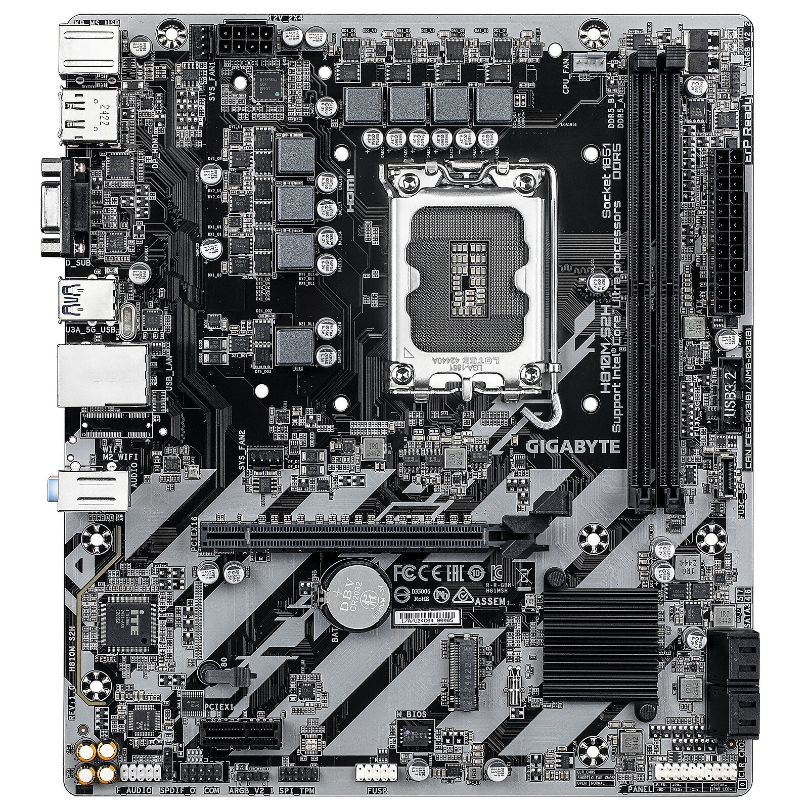 GIGABYTE H810M S2H, Format Micro-ATX, Socket LGA 1851, 2xDDR5, 1xM2, VGA / HDMI / DP.