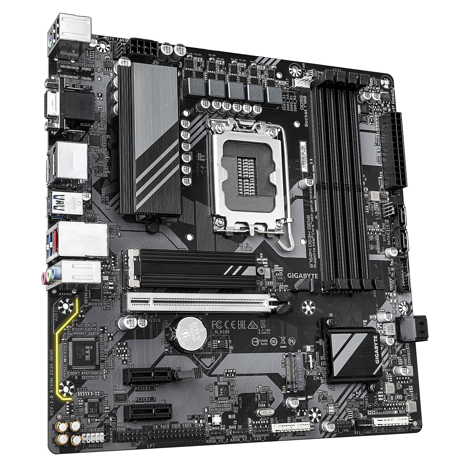 GIGABYTE B760M DS3H GEN5, Format Micro-ATX, Socket LGA 1700, 4 x DDR5, 2 x M2nvme, 4 x SATA, USB-C.