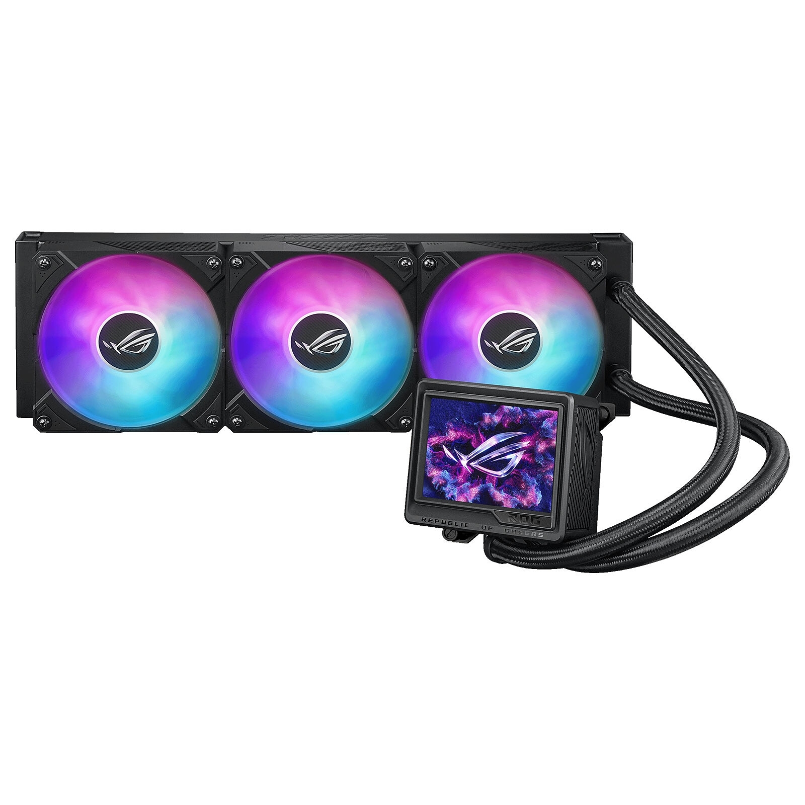 ASUS ROG Ryujin III 360 ARGB Extreme, 3 x ventilateur 120mm RGB, écran LCD 480p sur CPU.